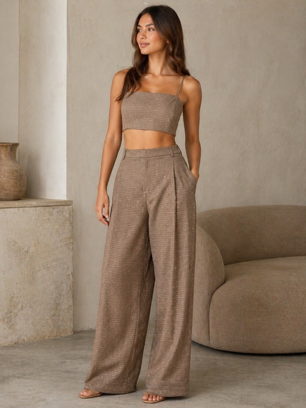 House of Harlow 1960 Taupe Wide-Leg Trouser Crop Top Pant Set